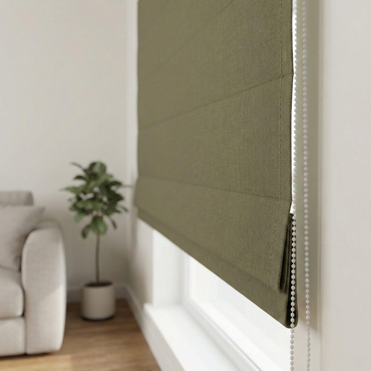 Custom Sage Olive Linen Roman Shade, Herringbone Corded Blind, OEKO-TEX — image 3