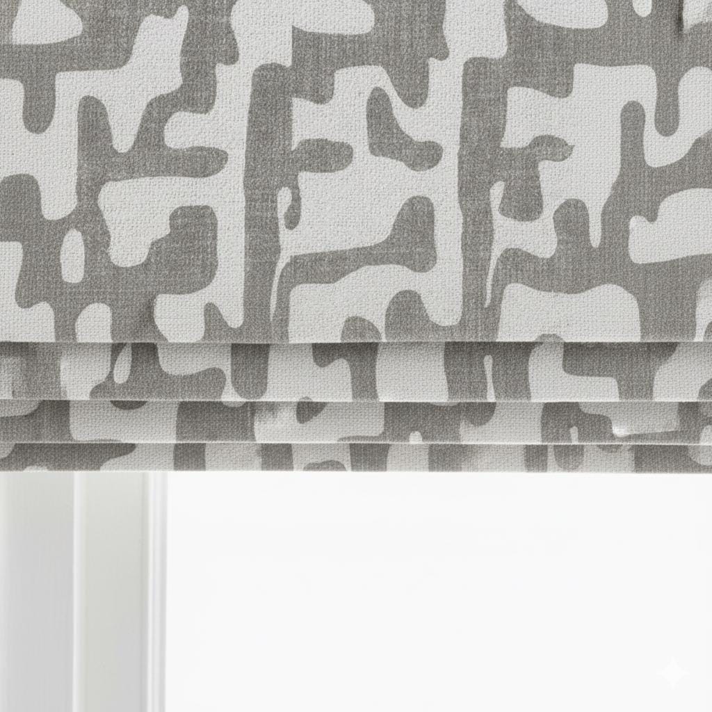 Modern Gray Linen Roman Shades, Abstract Pattern (Custom Size, Beaded Cord) — image 6