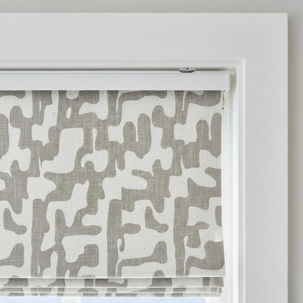 Modern Gray Linen Roman Shades, Abstract Pattern (Custom Size, Beaded Cord) — image 7