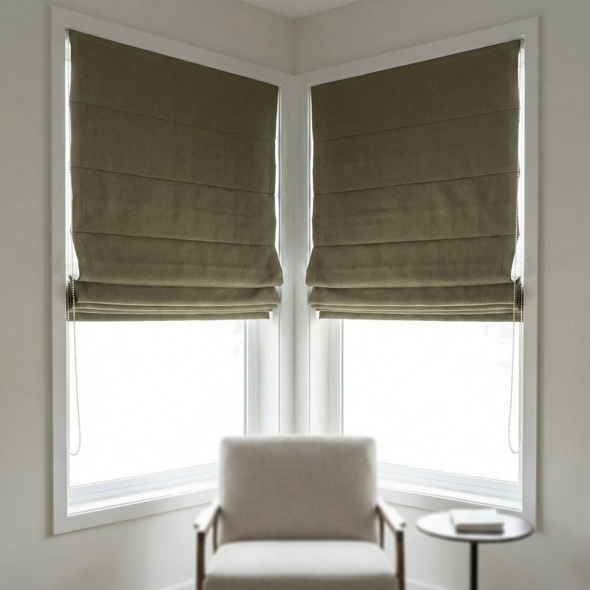 Custom Sage Olive Linen Roman Shade, Herringbone Corded Blind, OEKO-TEX — image 6