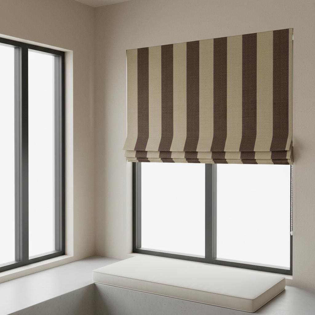 Striped Linen Roman Shade, Brown Beige Cabana Stripe, Custom Corded Blind — image 8