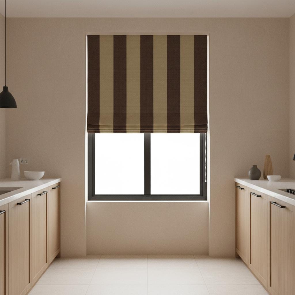 Striped Linen Roman Shade, Brown Beige Cabana Stripe, Custom Corded Blind — image 9