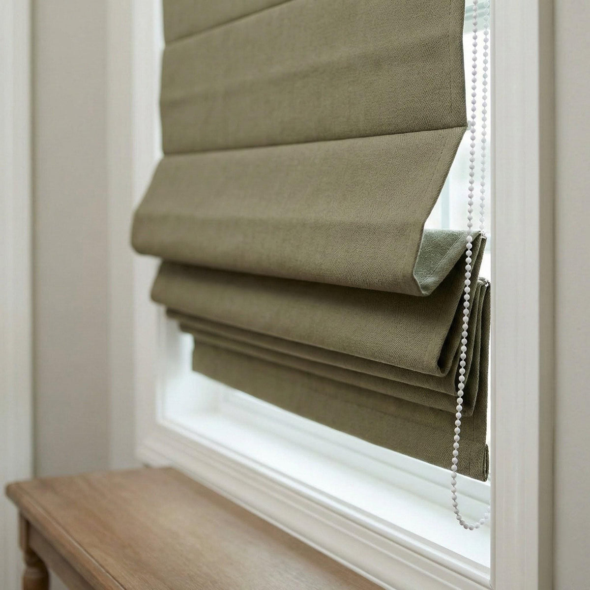 Custom Sage Olive Linen Roman Shade, Herringbone Corded Blind, OEKO-TEX — image 9