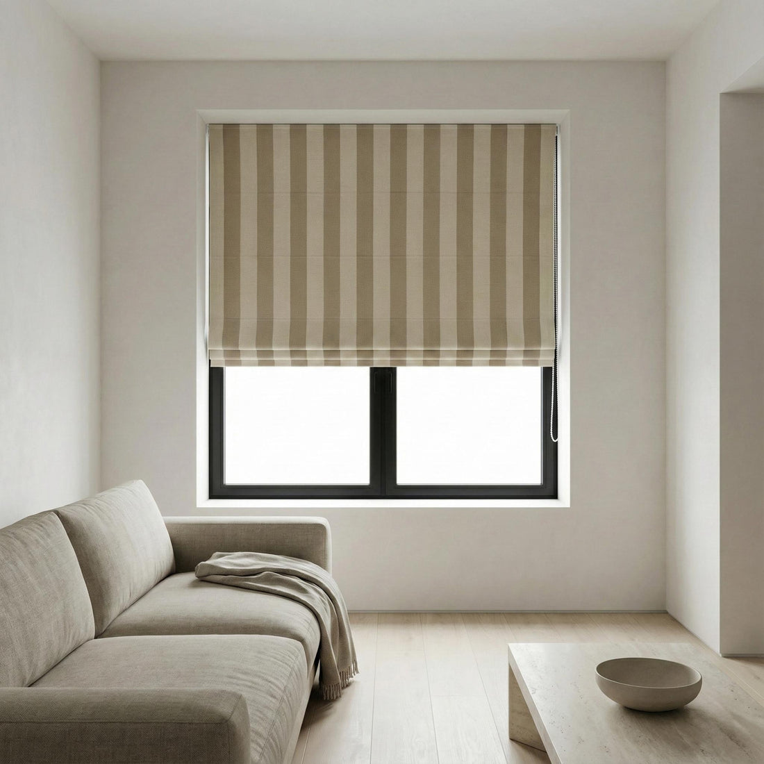 Taupe Stripe Linen Roman Shade, Custom Corded Window Blind, OEKO-TEX — image 1