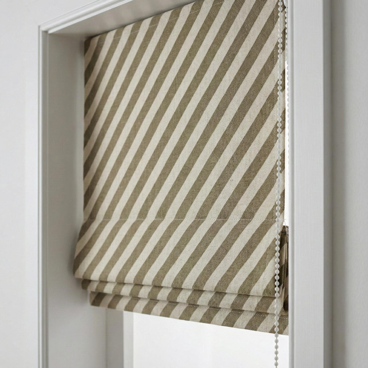 Custom Linen Roman Shade, Olive Taupe Diagonal Stripe, Corded Blind — image 2