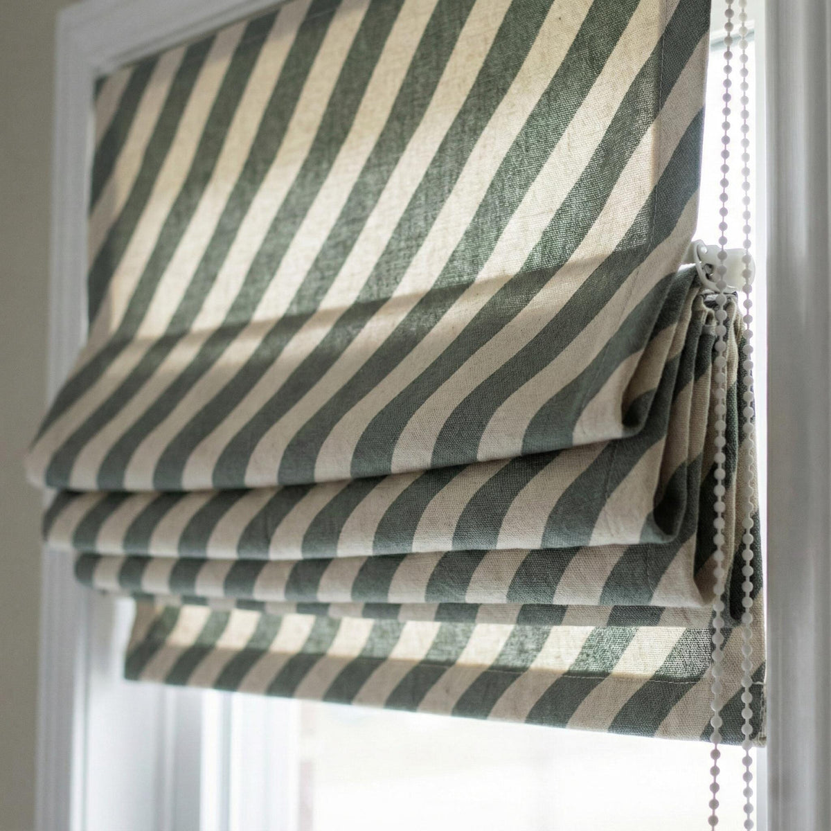 Blue Stripe Linen Roman Shade, Custom Corded Window Blind — image 3