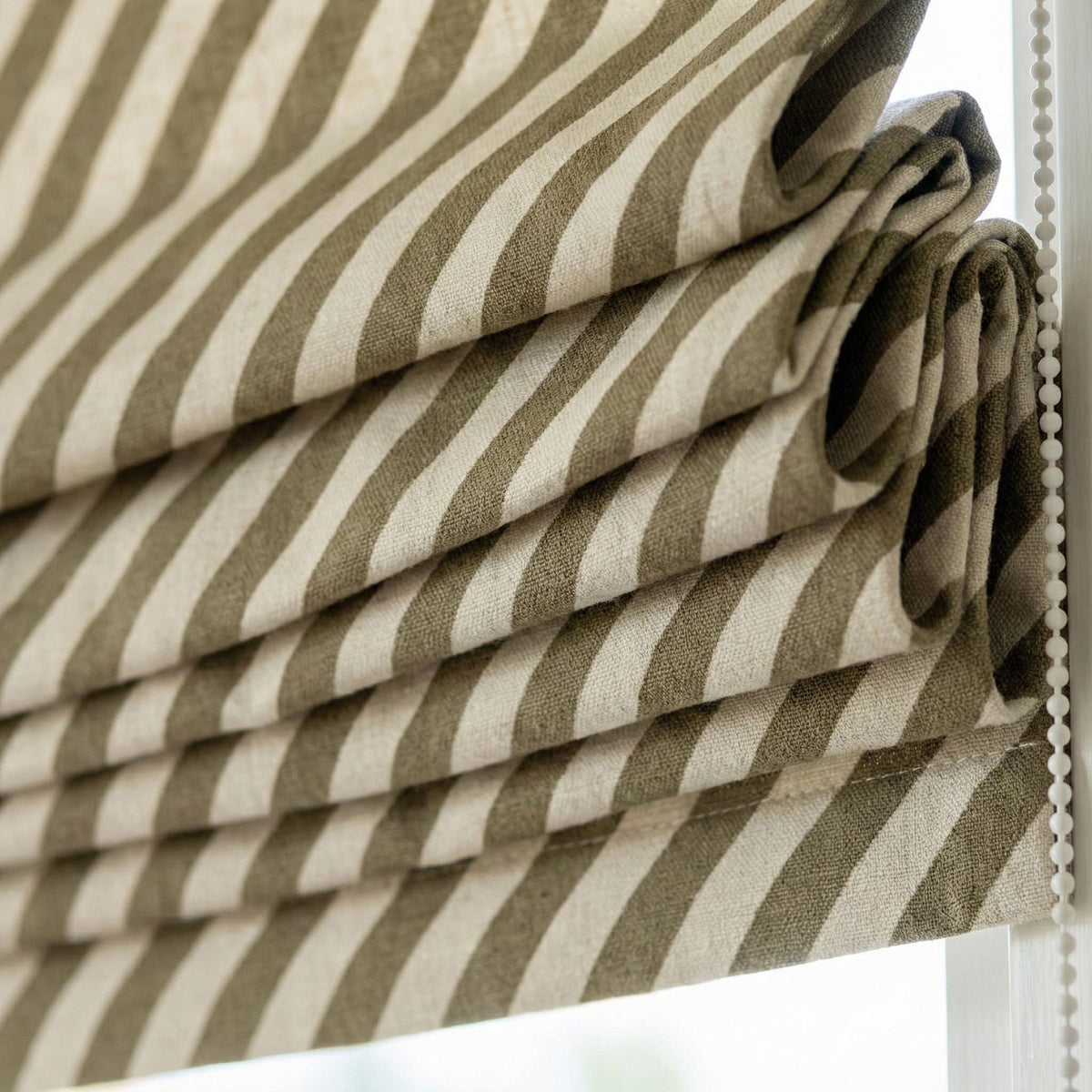 Custom Linen Roman Shade, Olive Taupe Diagonal Stripe, Corded Blind — image 3