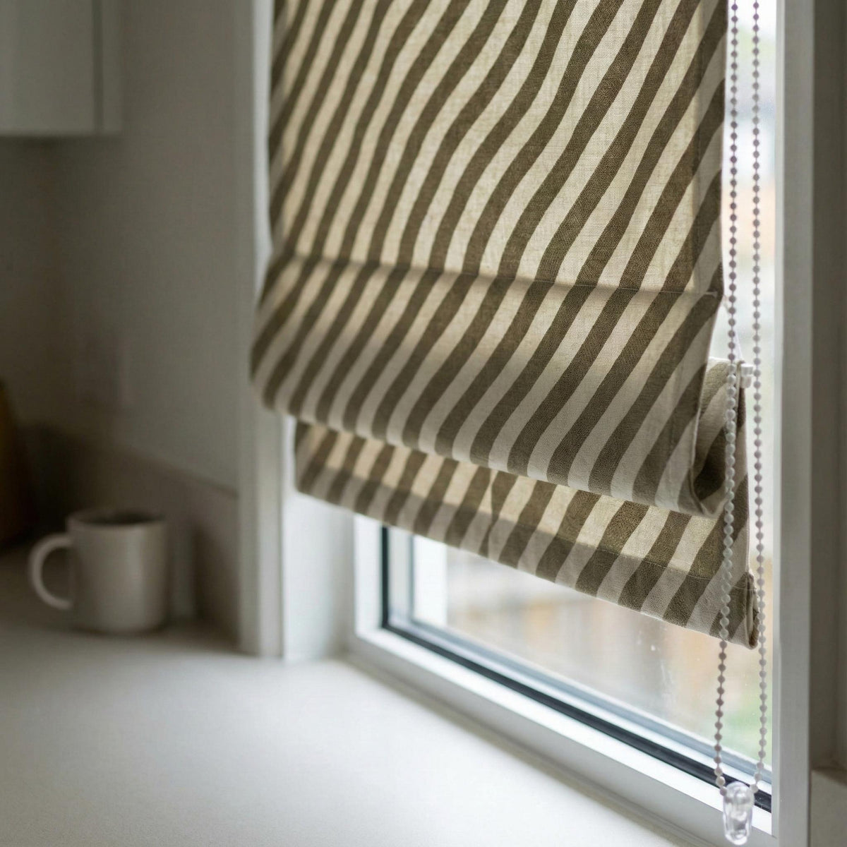 Custom Linen Roman Shade, Olive Taupe Diagonal Stripe, Corded Blind — image 4