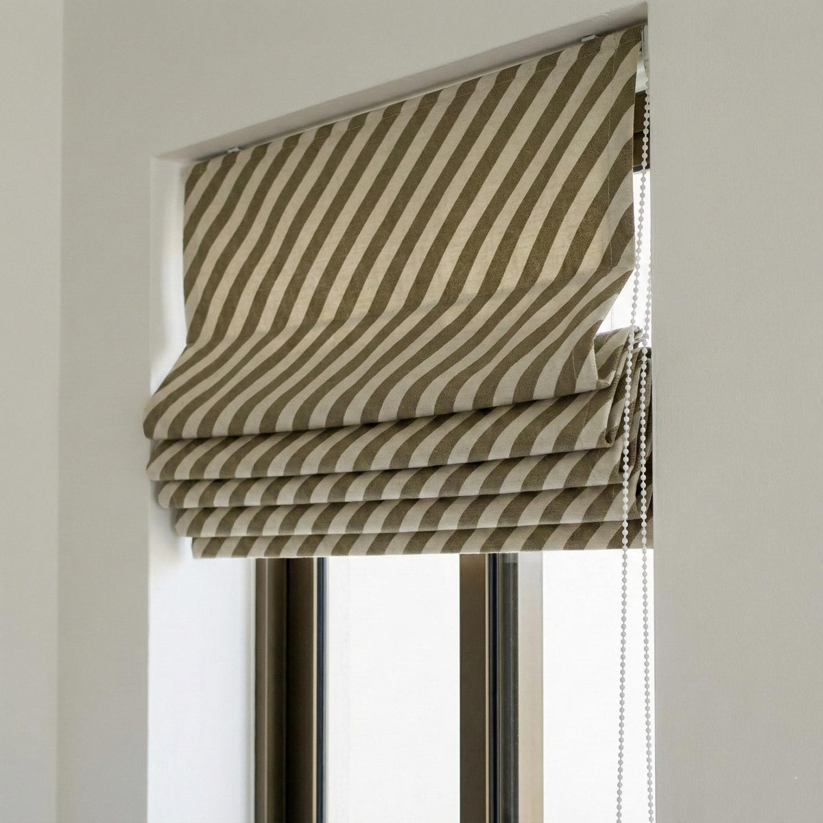 Custom Linen Roman Shade, Olive Taupe Diagonal Stripe, Corded Blind — image 5