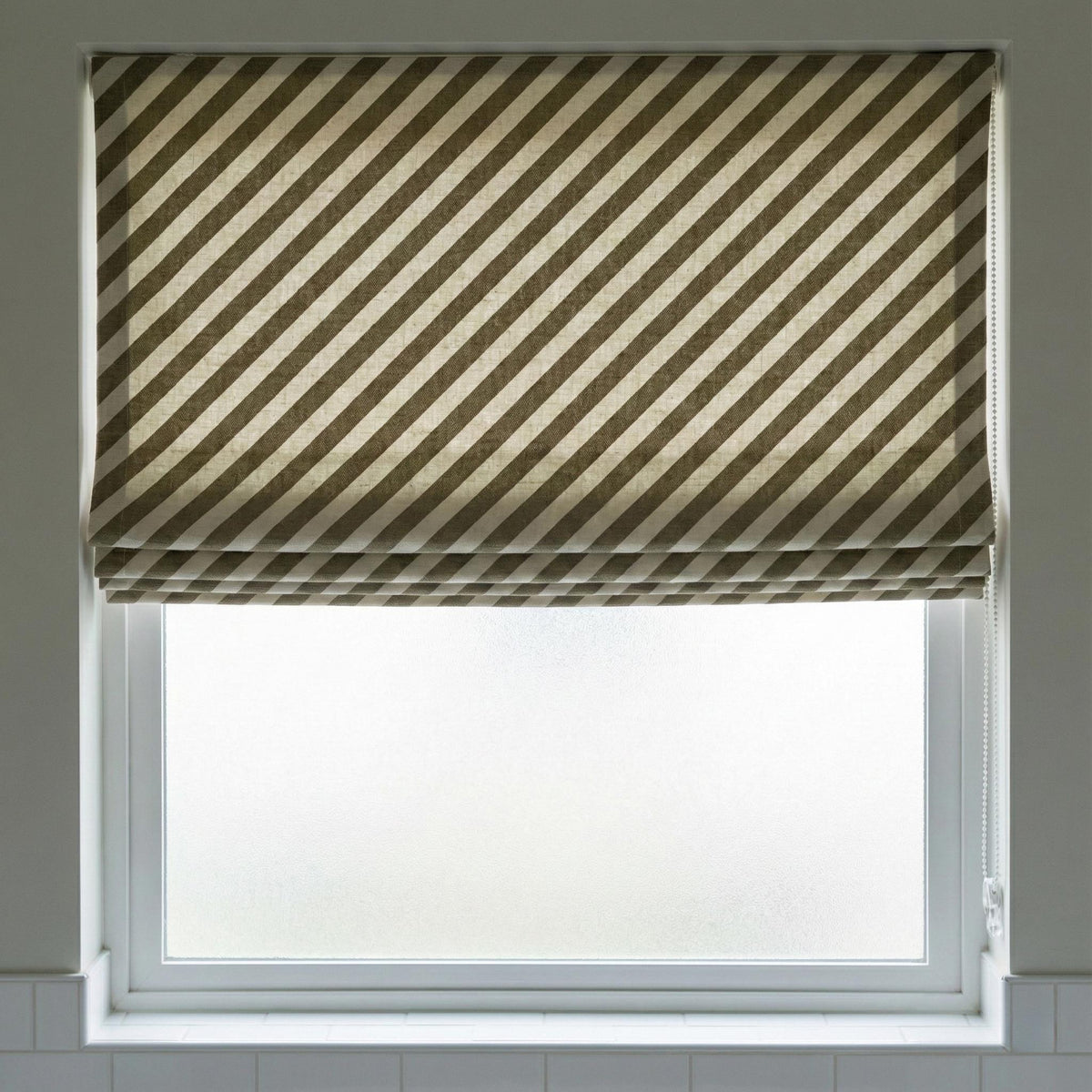 Custom Linen Roman Shade, Olive Taupe Diagonal Stripe, Corded Blind — image 6