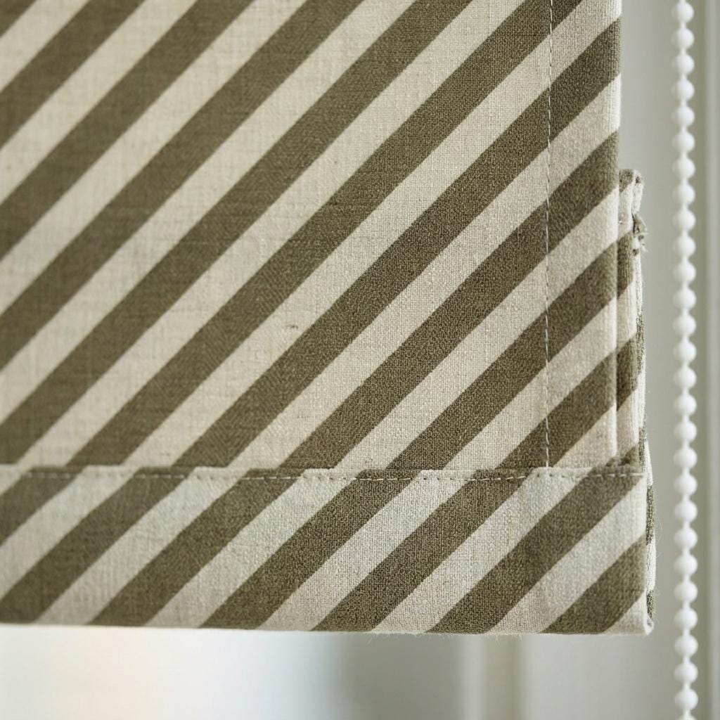Custom Linen Roman Shade, Olive Taupe Diagonal Stripe, Corded Blind — image 8