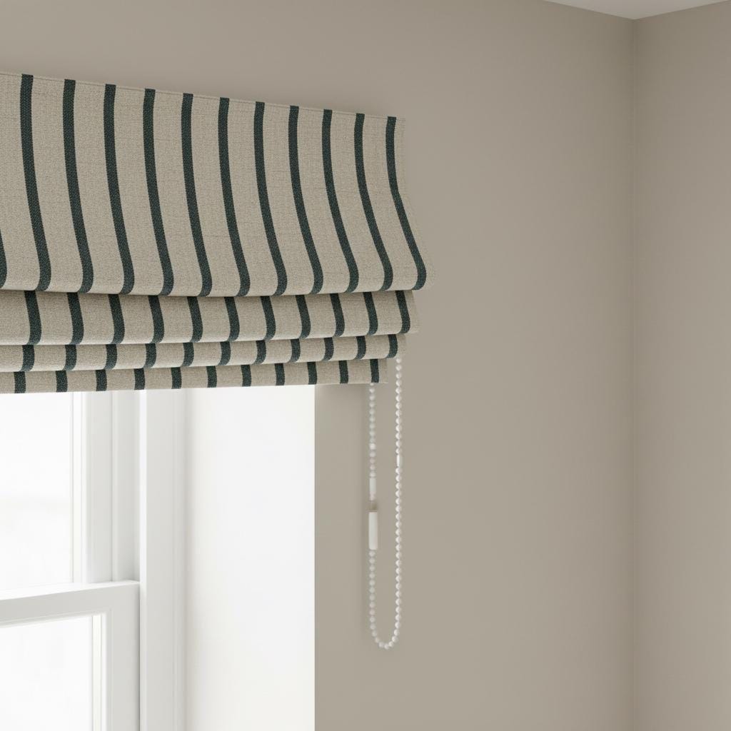 Striped Linen Roman Shade, Black Pinstripe, Custom Corded Blind — image 1