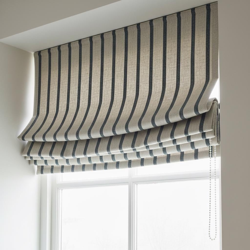 Striped Linen Roman Shade, Black Pinstripe, Custom Corded Blind — image 3