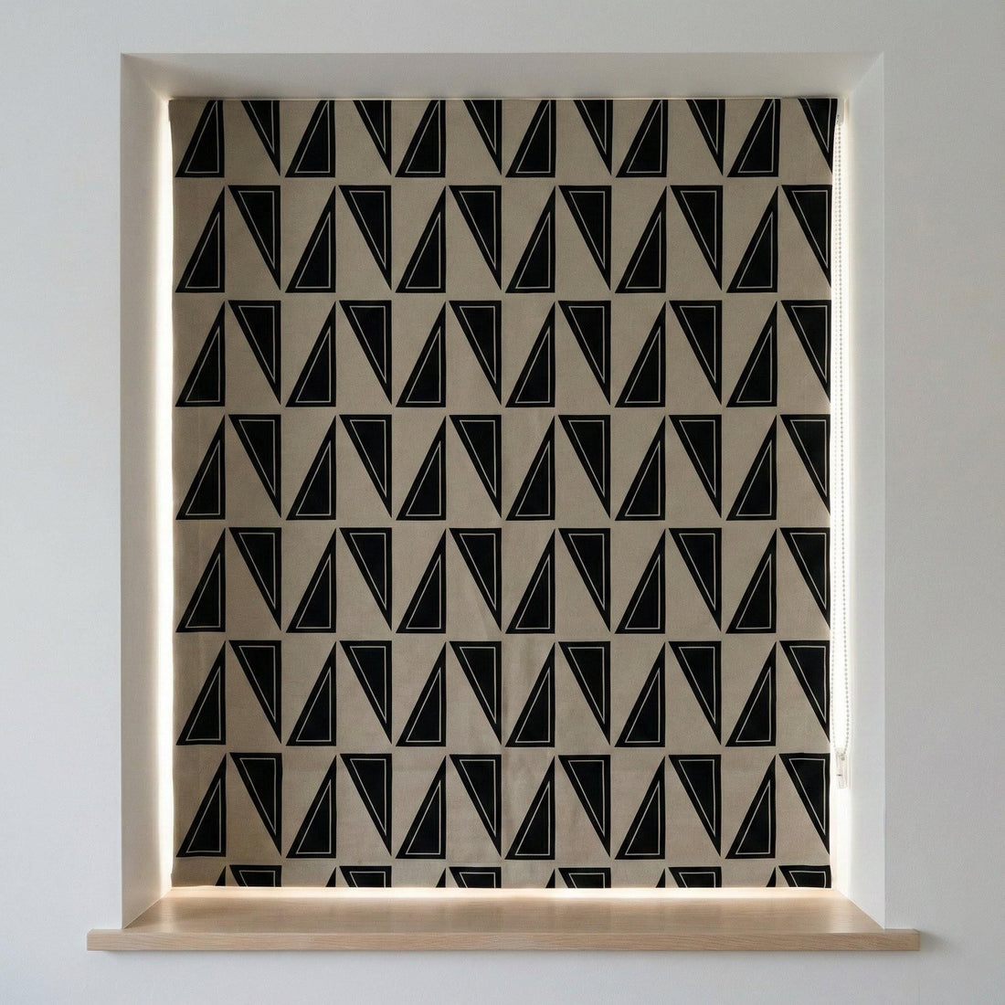 Beige Linen Roman Shade, Black Geometric Triangle Print, Custom Corded Blind — image 1