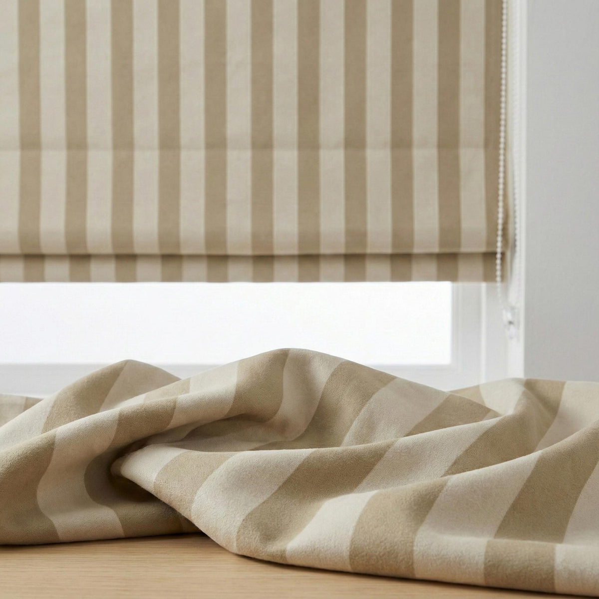 Custom Beige Striped Velvet Roman Shade, Blackout or Light Filtering — image 4