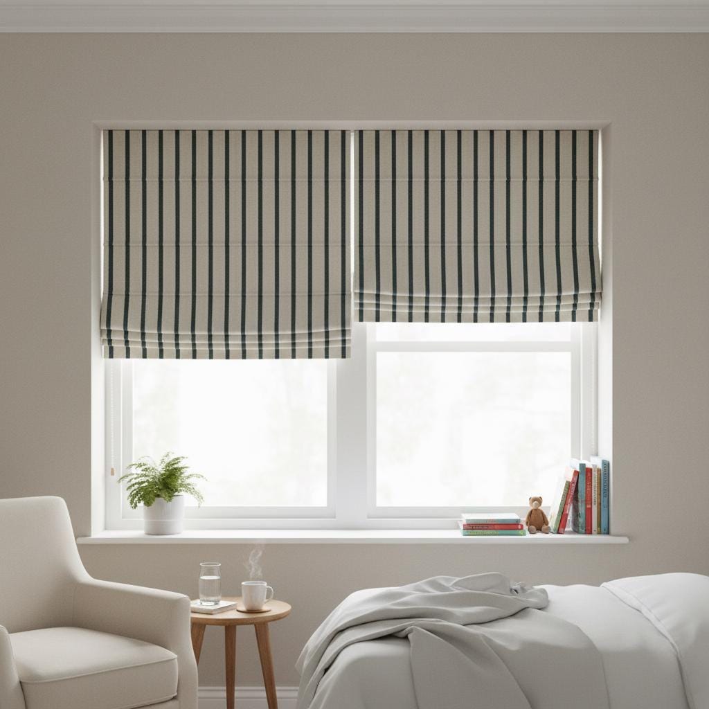 Striped Linen Roman Shade, Black Pinstripe, Custom Corded Blind — image 4