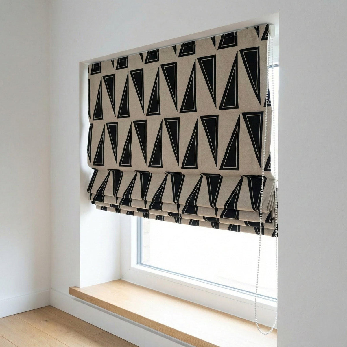 Beige Linen Roman Shade, Black Geometric Triangle Print, Custom Corded Blind — image 3