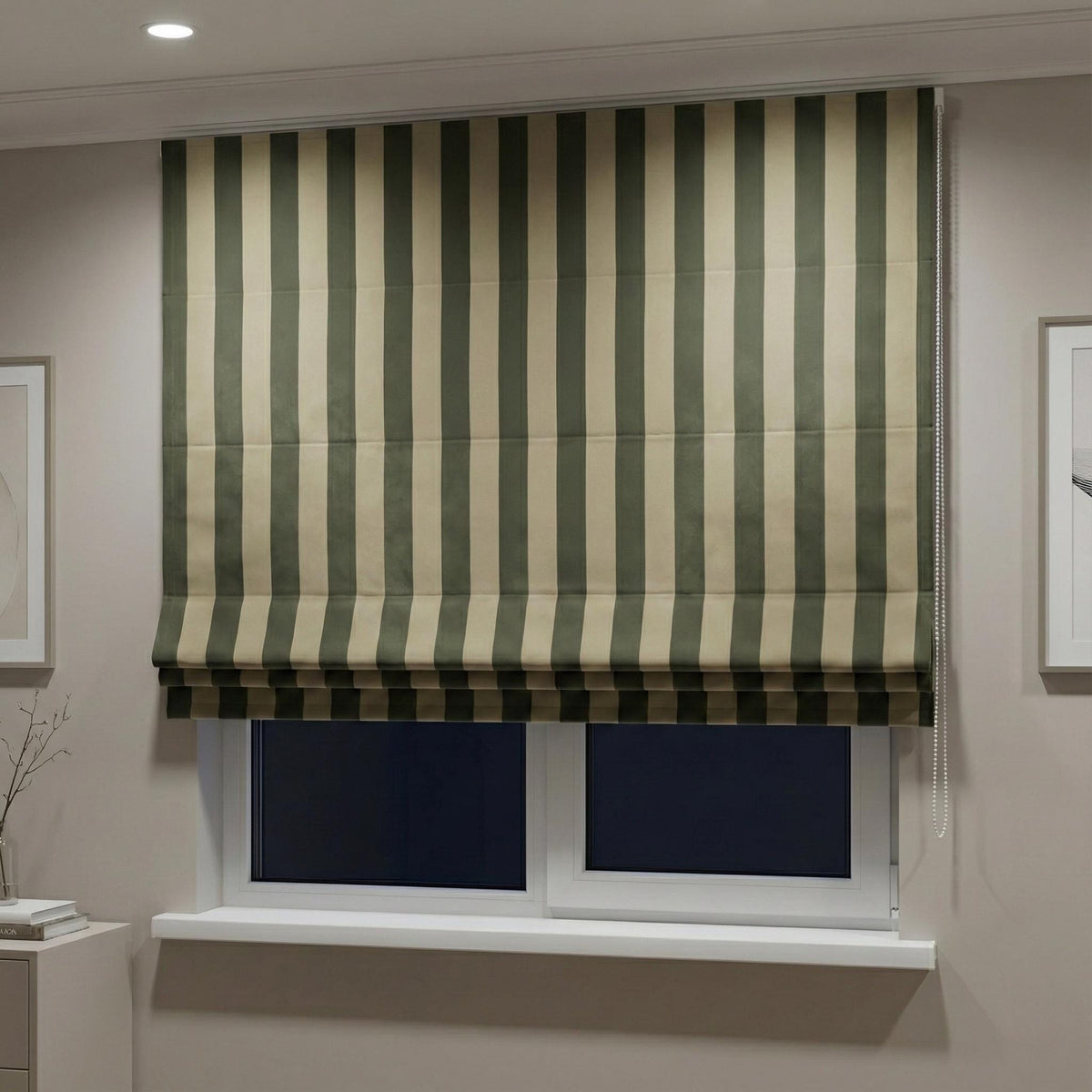 Custom Sage Green Striped Velvet Roman Shade, Oeko Tex — image 4