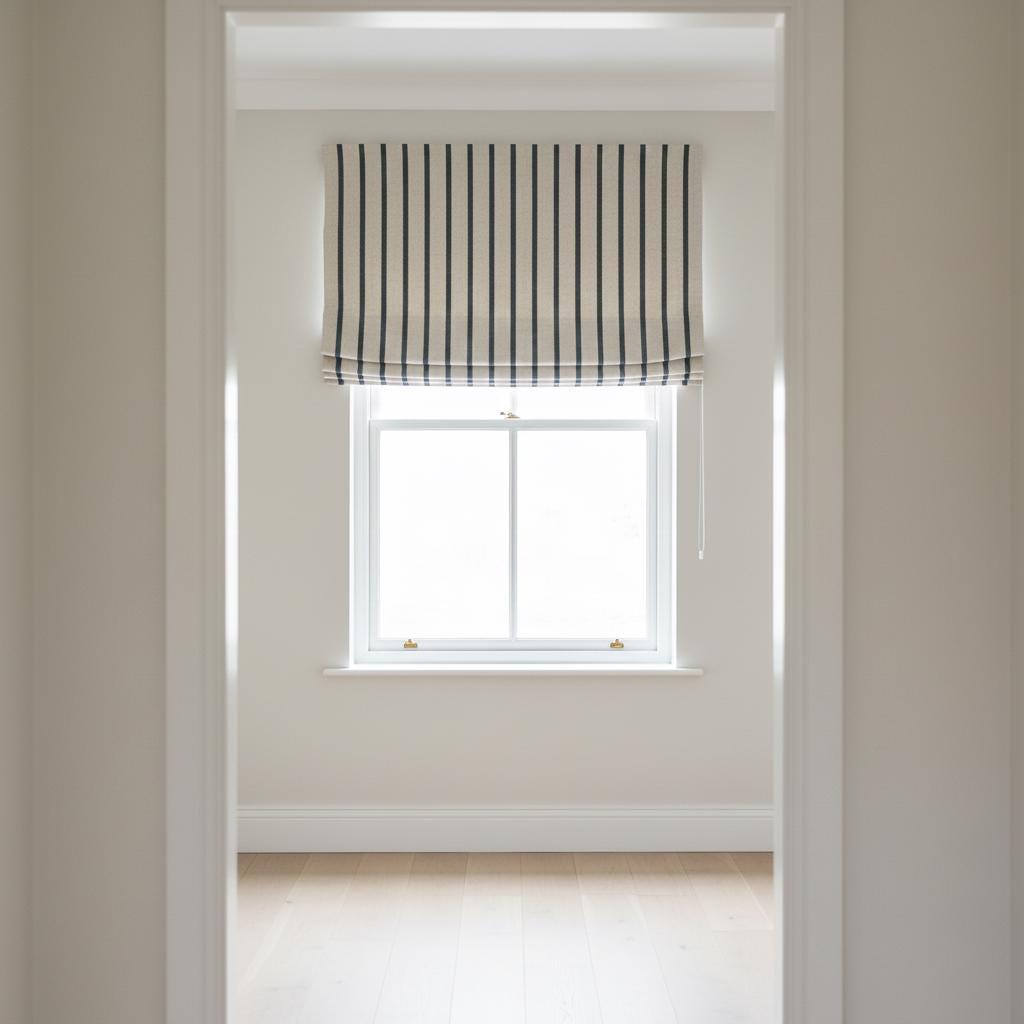 Striped Linen Roman Shade, Black Pinstripe, Custom Corded Blind — image 5