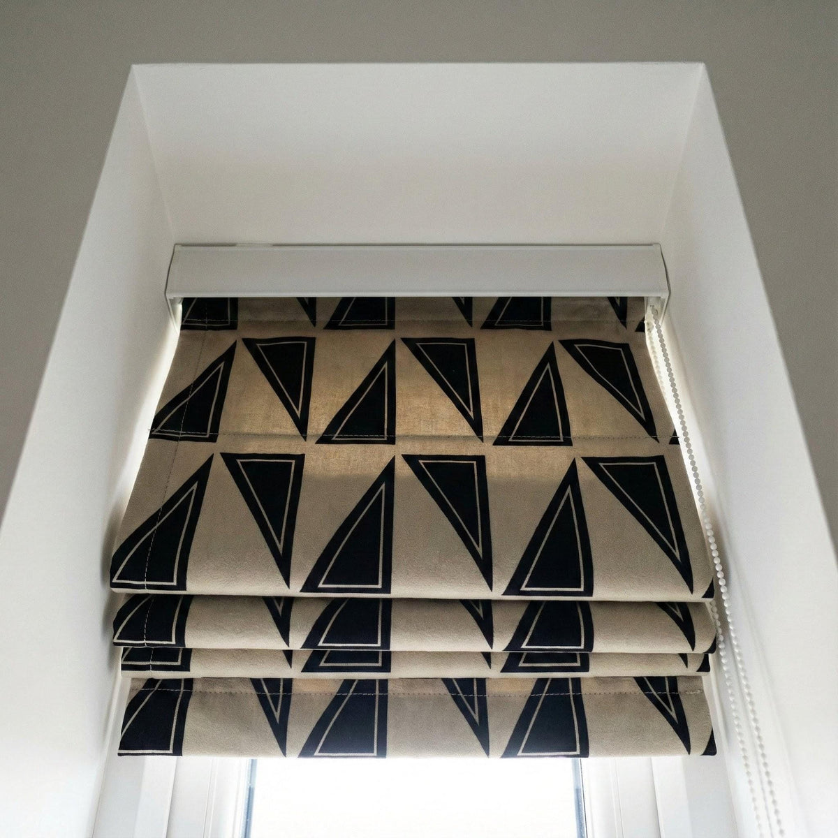 Beige Linen Roman Shade, Black Geometric Triangle Print, Custom Corded Blind — image 4