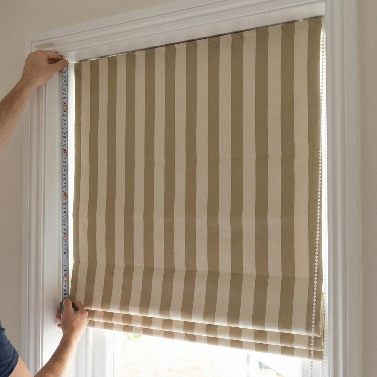 Custom Beige Striped Velvet Roman Shade, Blackout or Light Filtering — image 6
