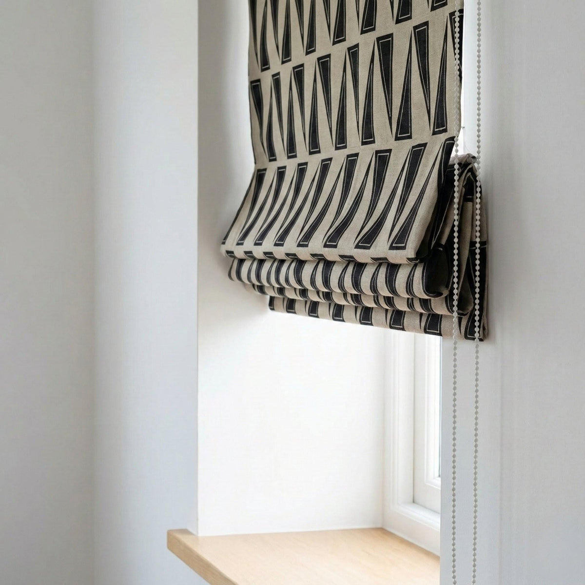 Beige Linen Roman Shade, Black Geometric Triangle Print, Custom Corded Blind — image 5