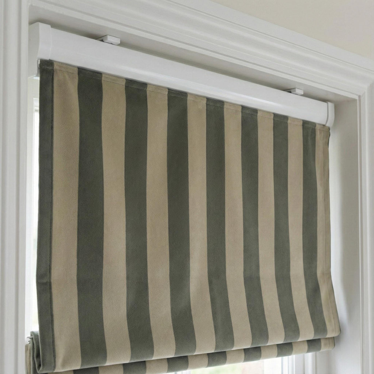 Custom Sage Green Striped Velvet Roman Shade, Oeko Tex — image 7