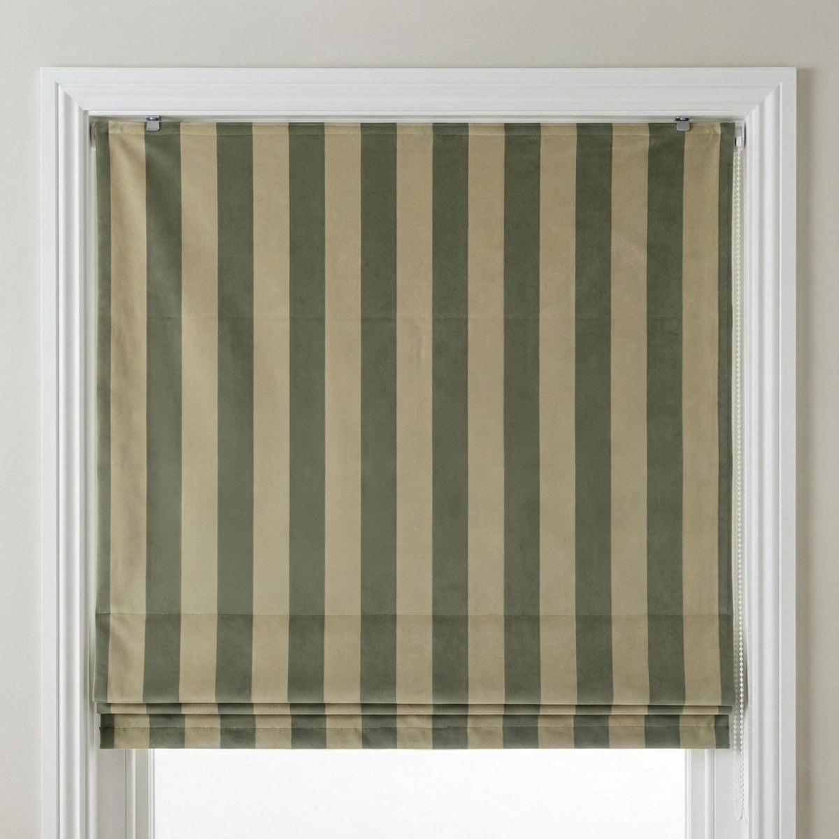 Custom Sage Green Striped Velvet Roman Shade, Oeko Tex — image 8