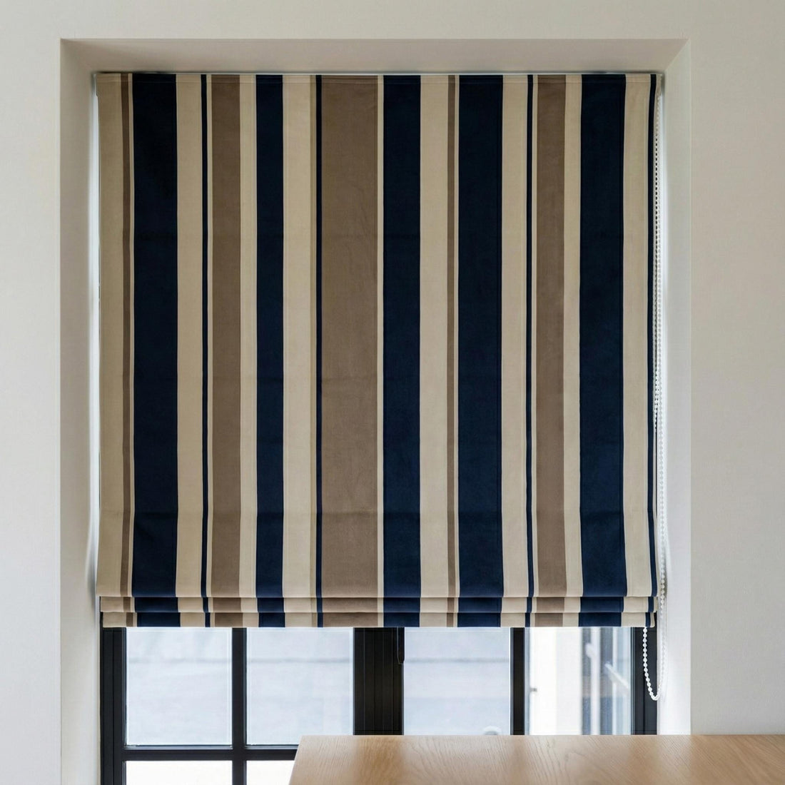 Navy Taupe Stripe Velvet Roman Shade, Custom Corded Window Blind — image 1