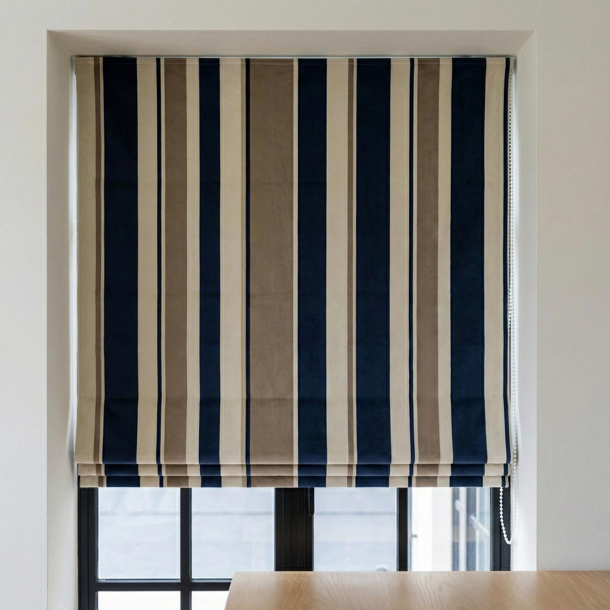 Navy Taupe Stripe Velvet Roman Shade, Custom Corded Window Blind — image 1
