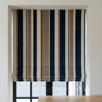 Navy Taupe Stripe Velvet Roman Shade, Custom Corded Window Blind — image 1