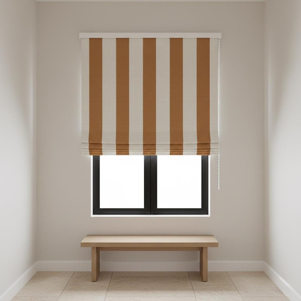 Custom Linen Roman Shade, Rust Orange & Ivory Stripe, Blackout Option — image 1
