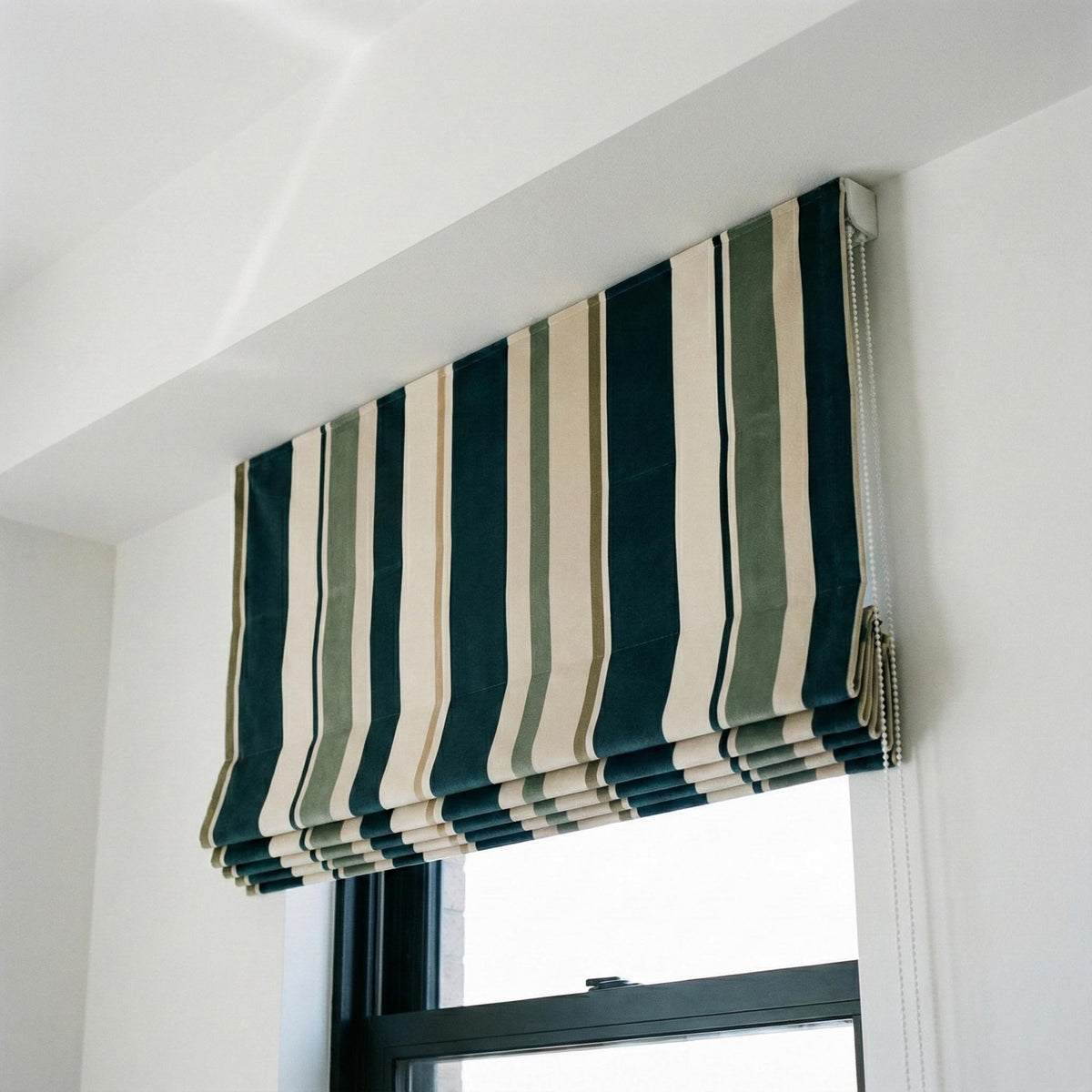 Custom Striped Velvet Roman Shade, Teal Sage Ivory, OEKO-TEX Lined Window Blind — image 2