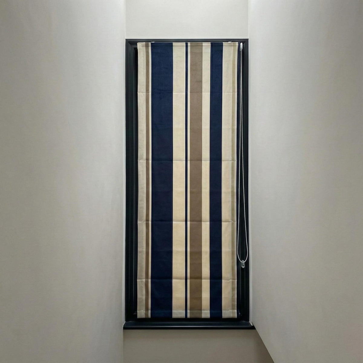 Navy Taupe Stripe Velvet Roman Shade, Custom Corded Window Blind — image 4