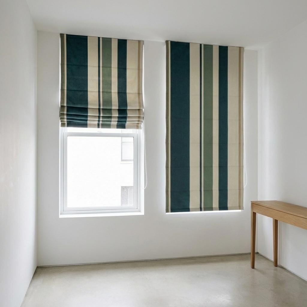 Custom Striped Velvet Roman Shade, Teal Sage Ivory, OEKO-TEX Lined Window Blind — image 6