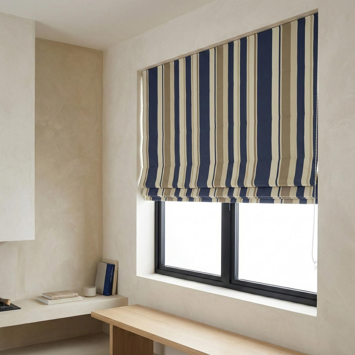 Navy Taupe Stripe Velvet Roman Shade, Custom Corded Window Blind — image 7