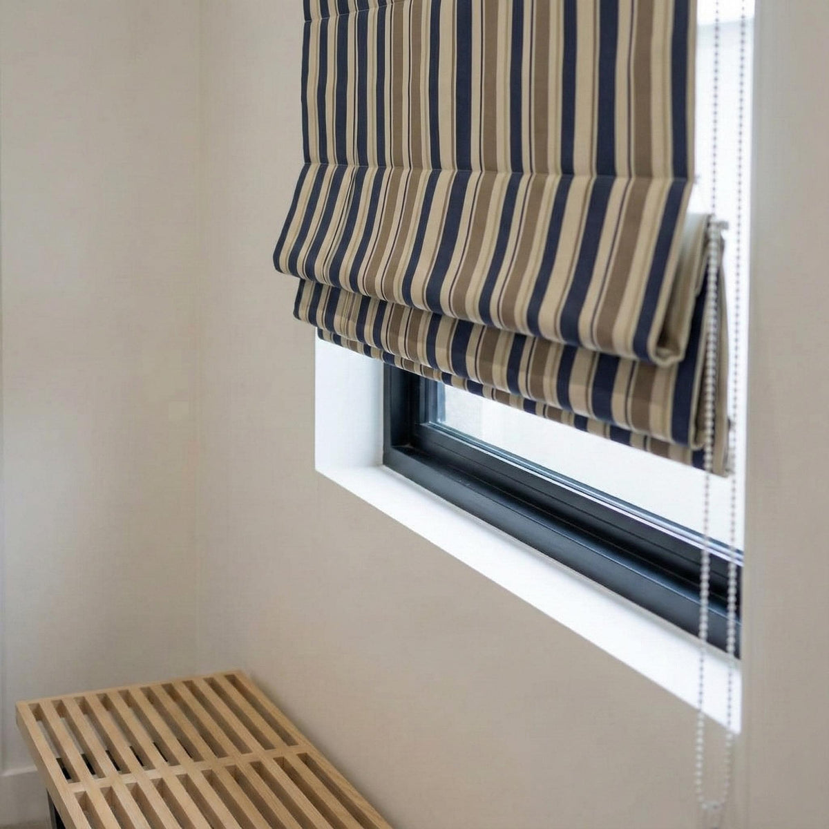 Navy Taupe Stripe Velvet Roman Shade, Custom Corded Window Blind — image 8