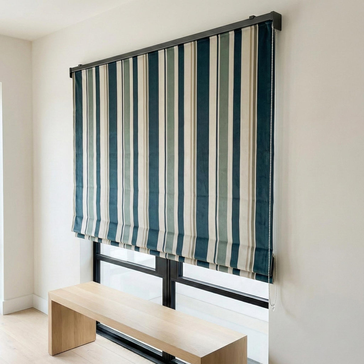 Custom Striped Velvet Roman Shade, Teal Sage Ivory, OEKO-TEX Lined Window Blind — image 10