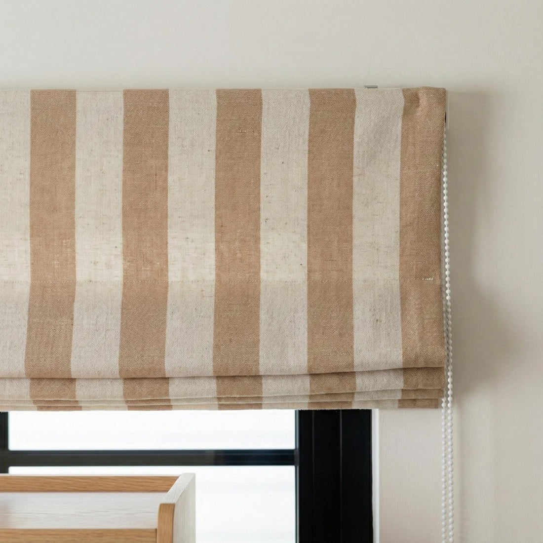 Custom Linen Roman Shade, Taupe Beige Stripe, Light Filtering or Blackout — image 1