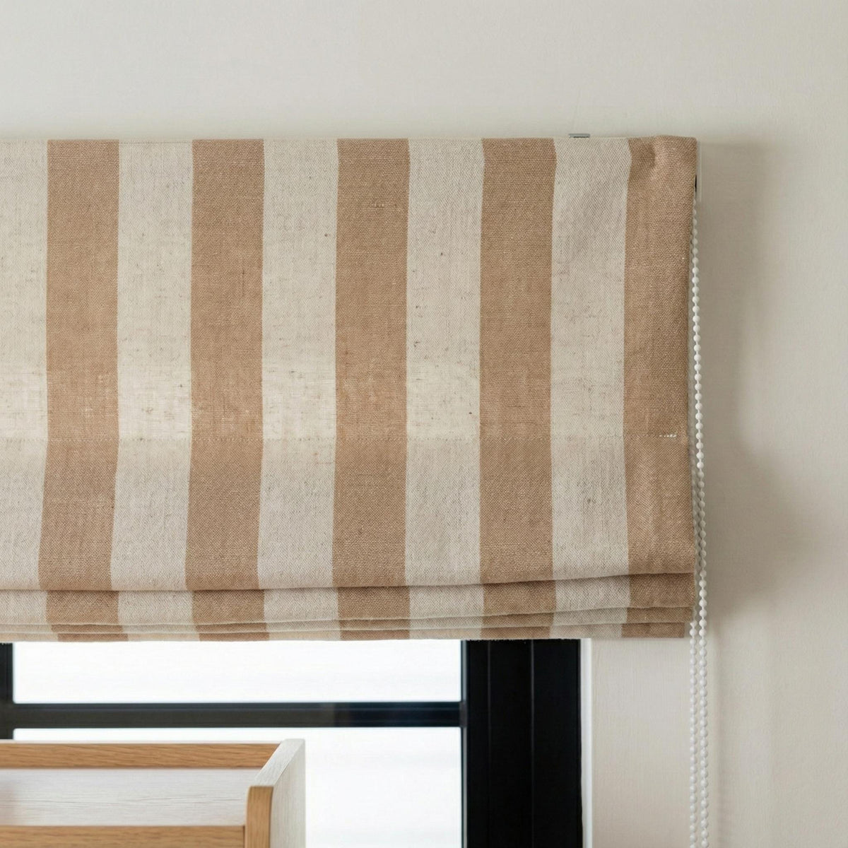 Custom Linen Roman Shade, Taupe Beige Stripe, Light Filtering or Blackout — image 1