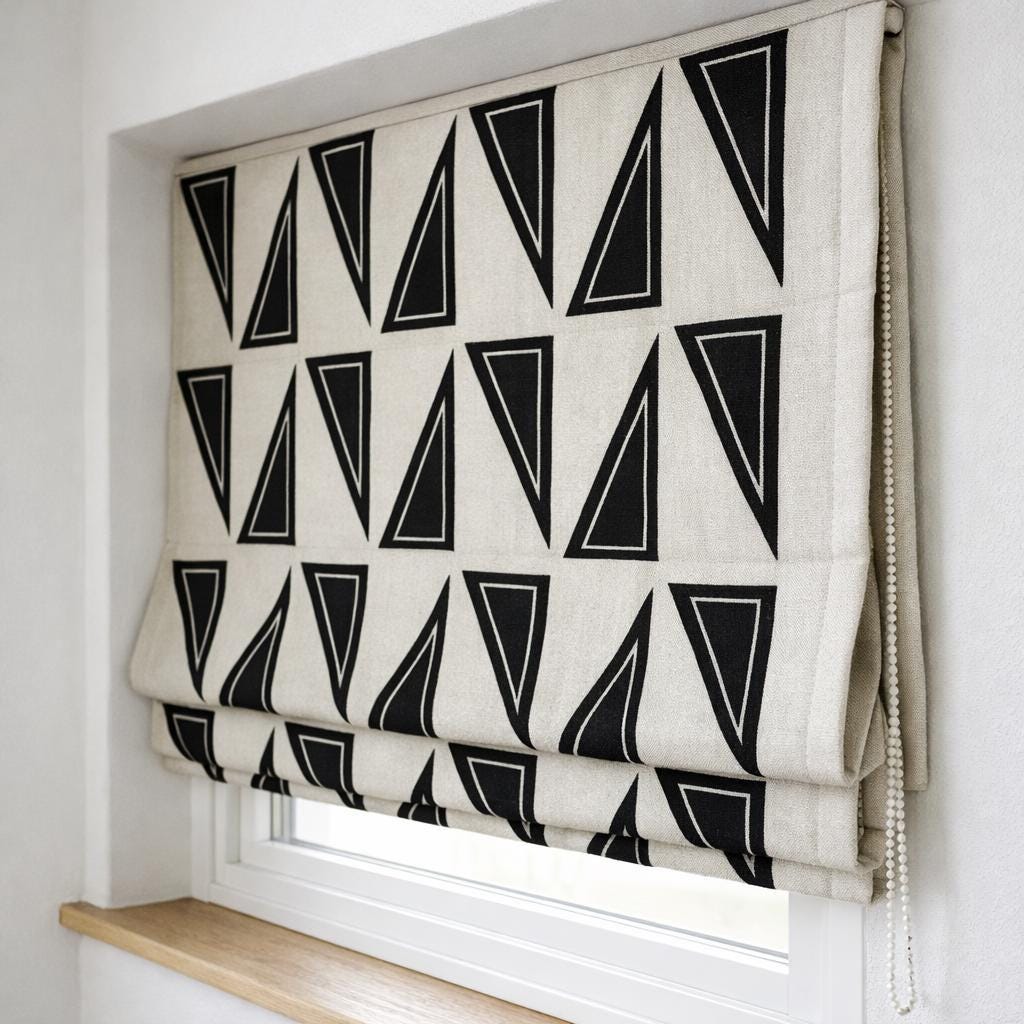 Black Geometric Linen Roman Shade, Custom Corded Blind, OEKO-TEX — image 2