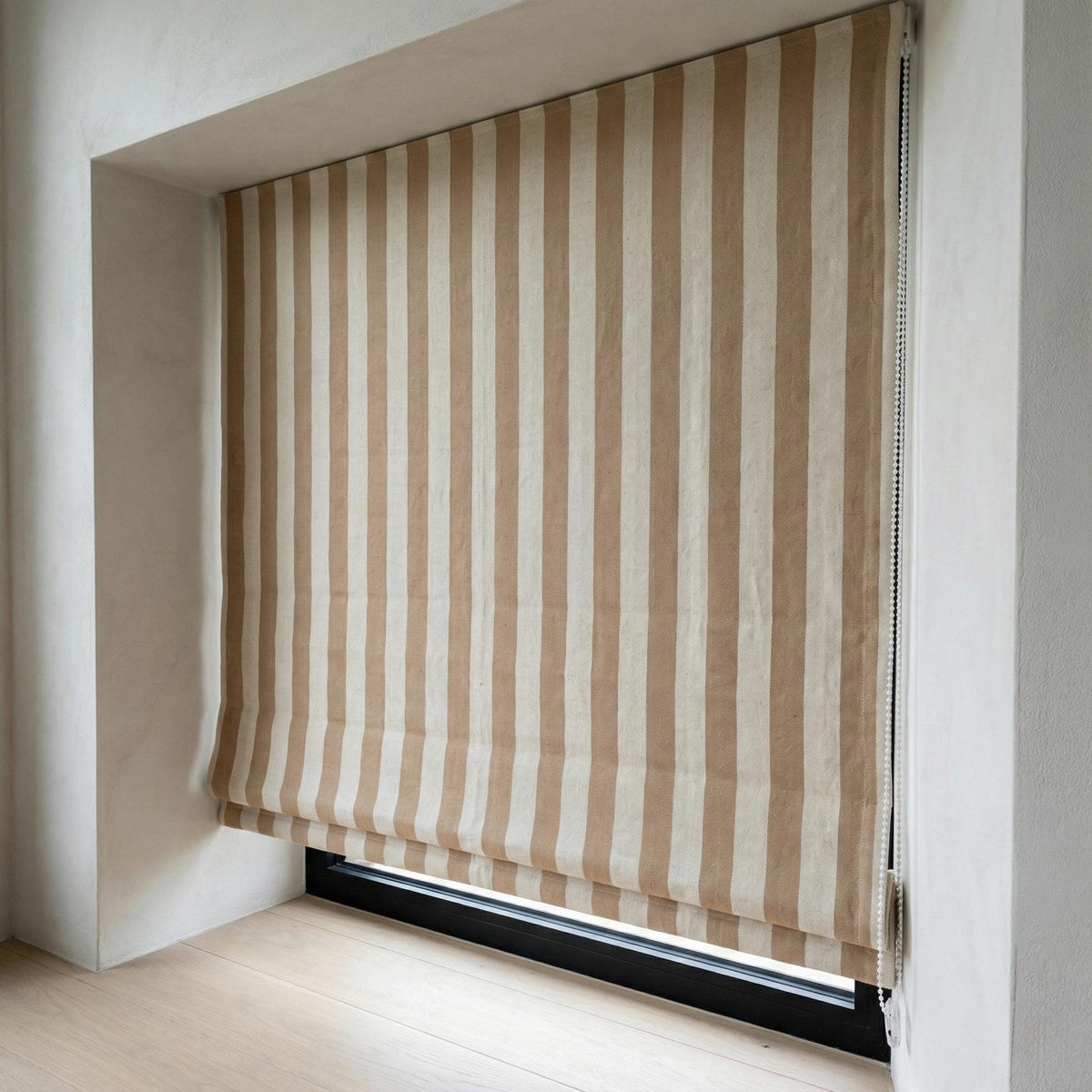 Custom Linen Roman Shade, Taupe Beige Stripe, Light Filtering or Blackout — image 2