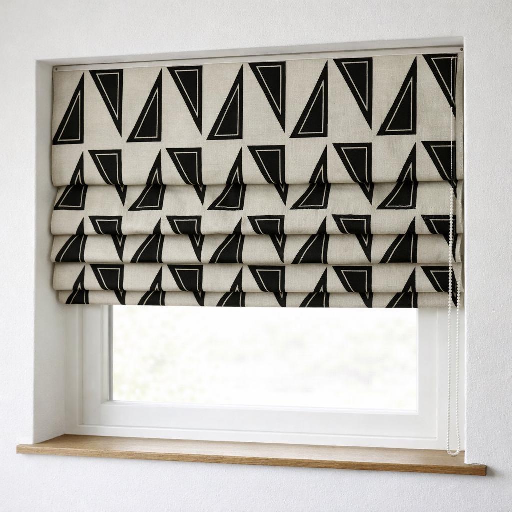 Black Geometric Linen Roman Shade, Custom Corded Blind, OEKO-TEX — image 5