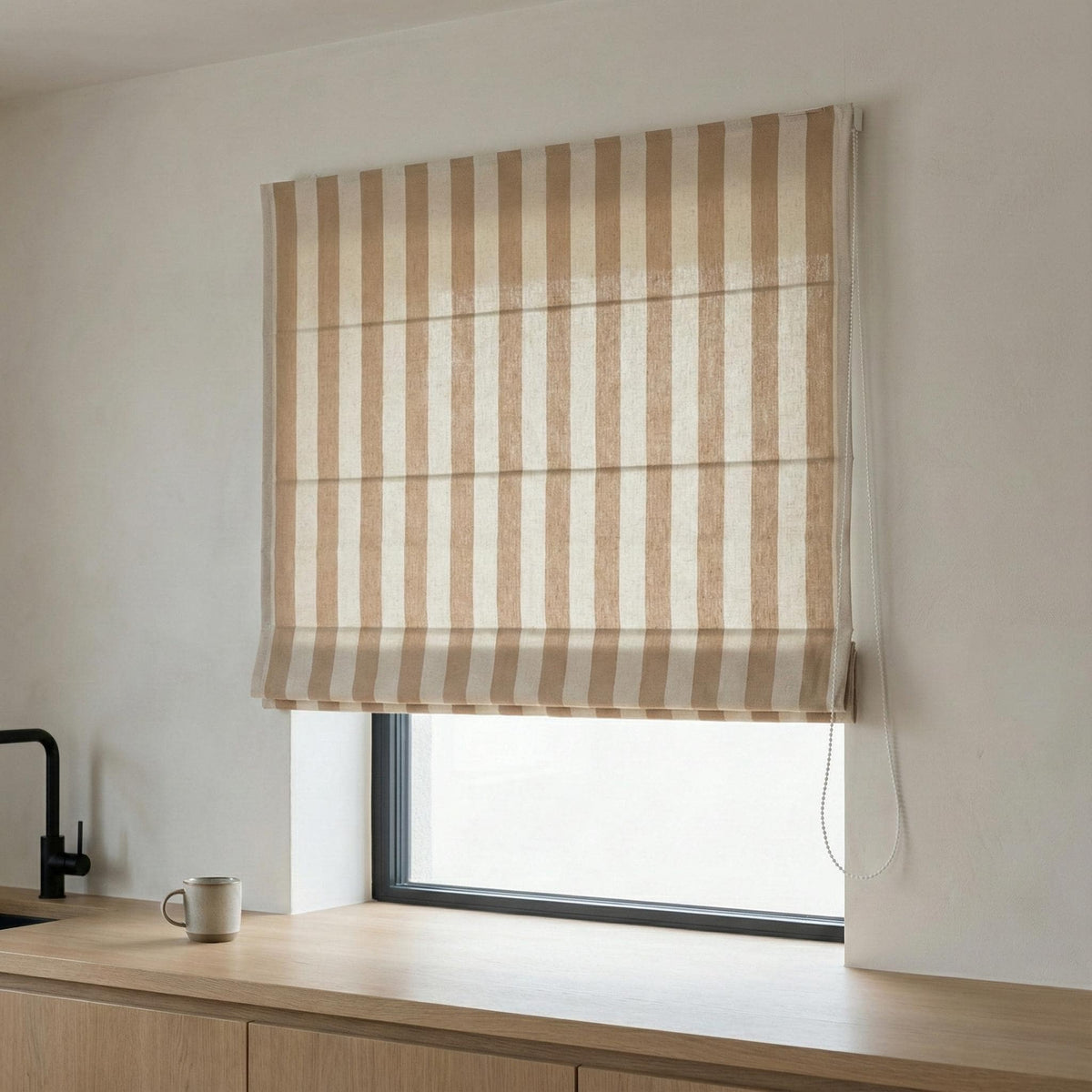 Custom Linen Roman Shade, Taupe Beige Stripe, Light Filtering or Blackout — image 5