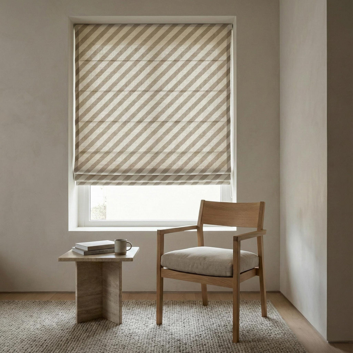 Diagonal Stripe Linen Roman Shade, Custom Taupe Beige Window Blind — image 8