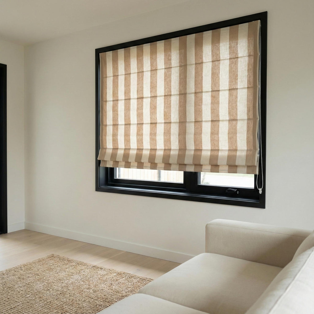 Custom Linen Roman Shade, Taupe Beige Stripe, Light Filtering or Blackout — image 8