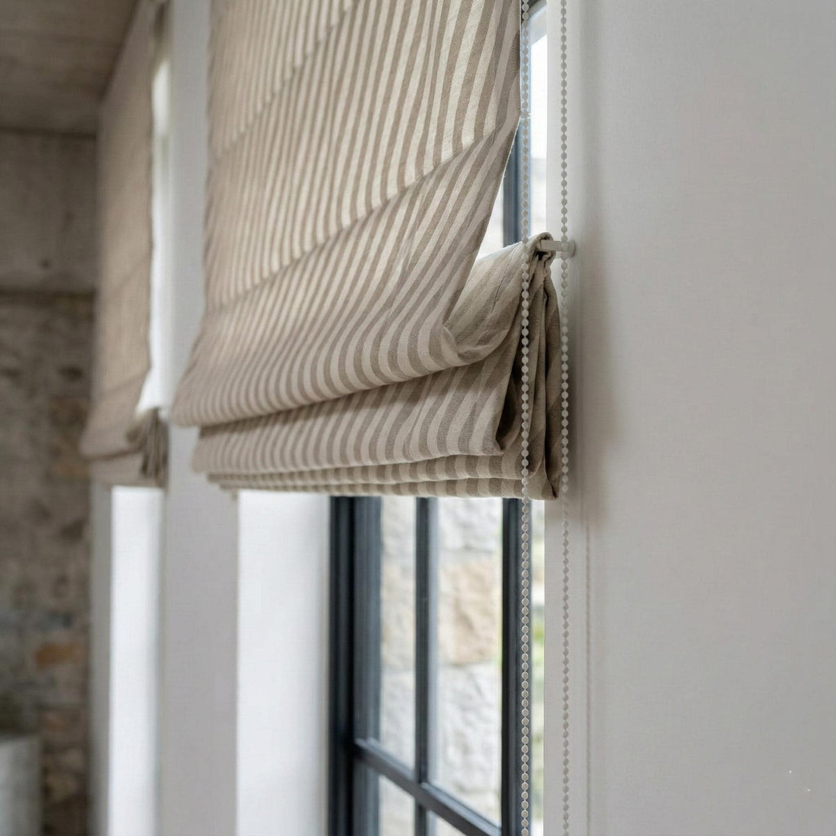 Diagonal Stripe Linen Roman Shade, Custom Taupe Beige Window Blind — image 9