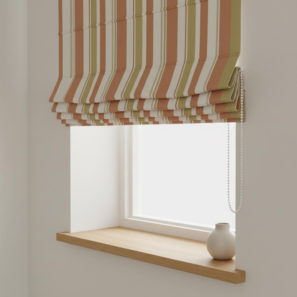 Striped Velvet Roman Shade, Terracotta Olive Cream, Custom Corded Blind — image 1