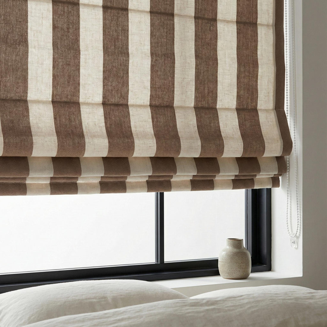 Taupe & Natural Striped Linen Roman Shade, Corded Custom Roman Blind, Blackout or Light Filtering Lined, Inside/Outside Mount — image 1