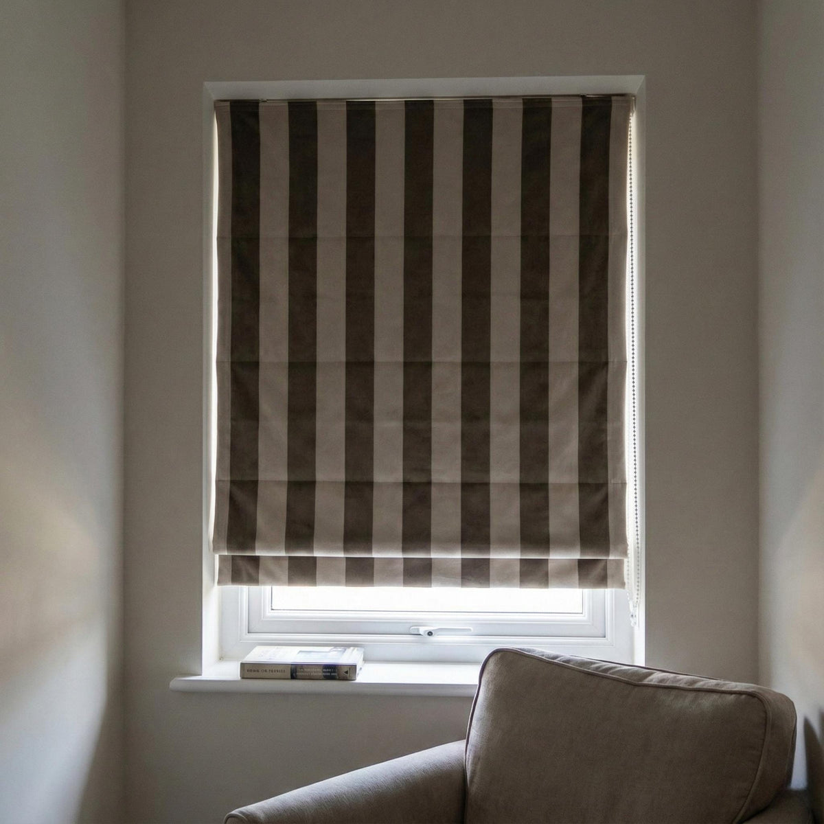 Taupe Striped Velvet Roman Shade, Custom Blackout Window Treatment — image 4